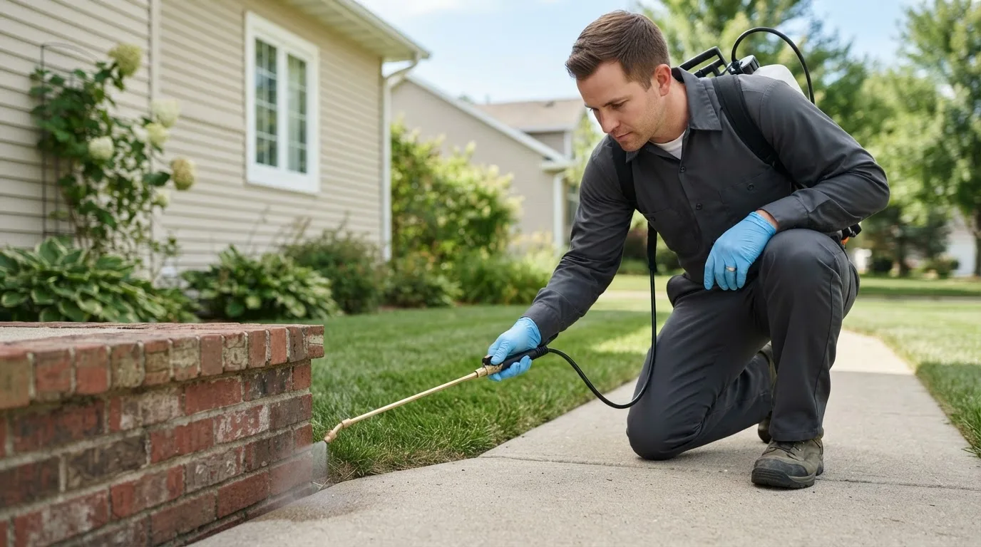 Pest control technician treating a home near Alpha, OH