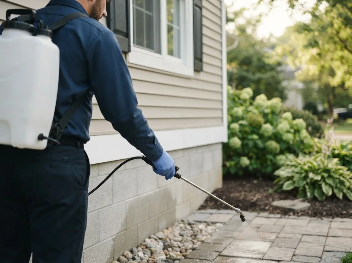 Pest control technician inspecting a home in Alpha, OH